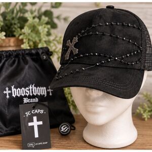 JC Caps Black Cross Beaded Trucker Hat, Authentic Gothic Streetwear Cap NWT